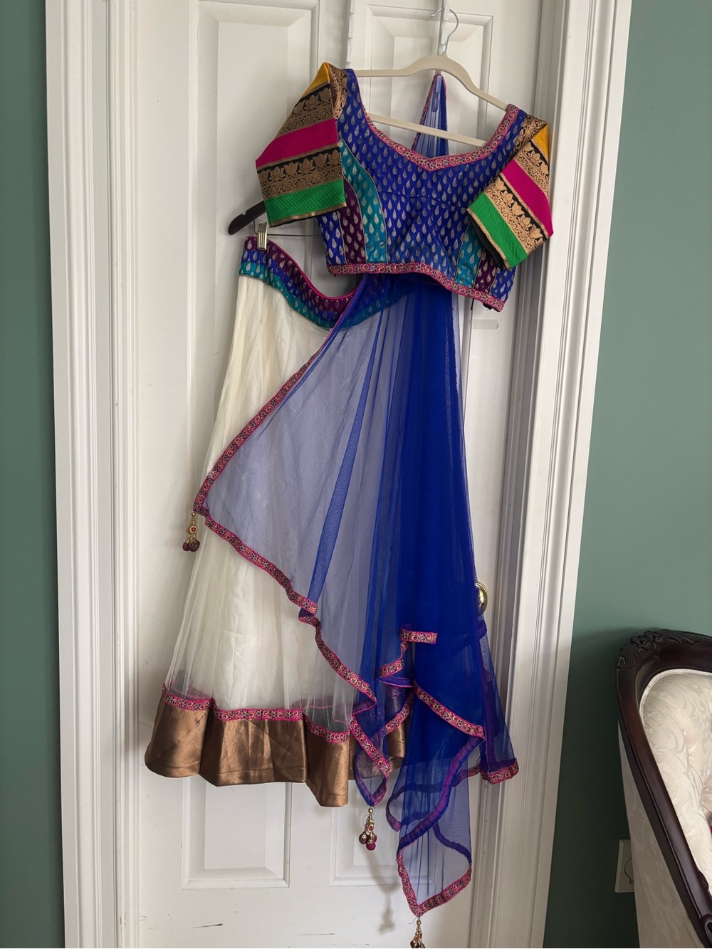 Royal Blue & White Lehenga Choli with Multicolor Embellished Blouse
